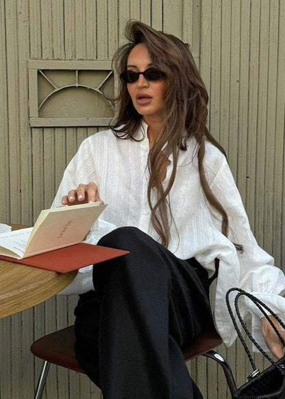 White Cotton Linen Shirt With Balloon Sleeves