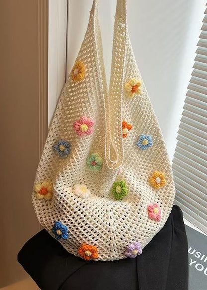 Crochet Shoulder Bag with Colorful 3D Floral Accents