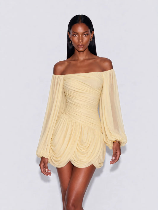 Arwen Off Shoulder Ruched Chiffon Mini Dress In Yellow