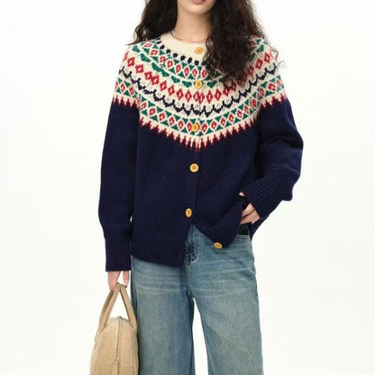 Vintage Jacquard Crew Neck Knit Cardigan