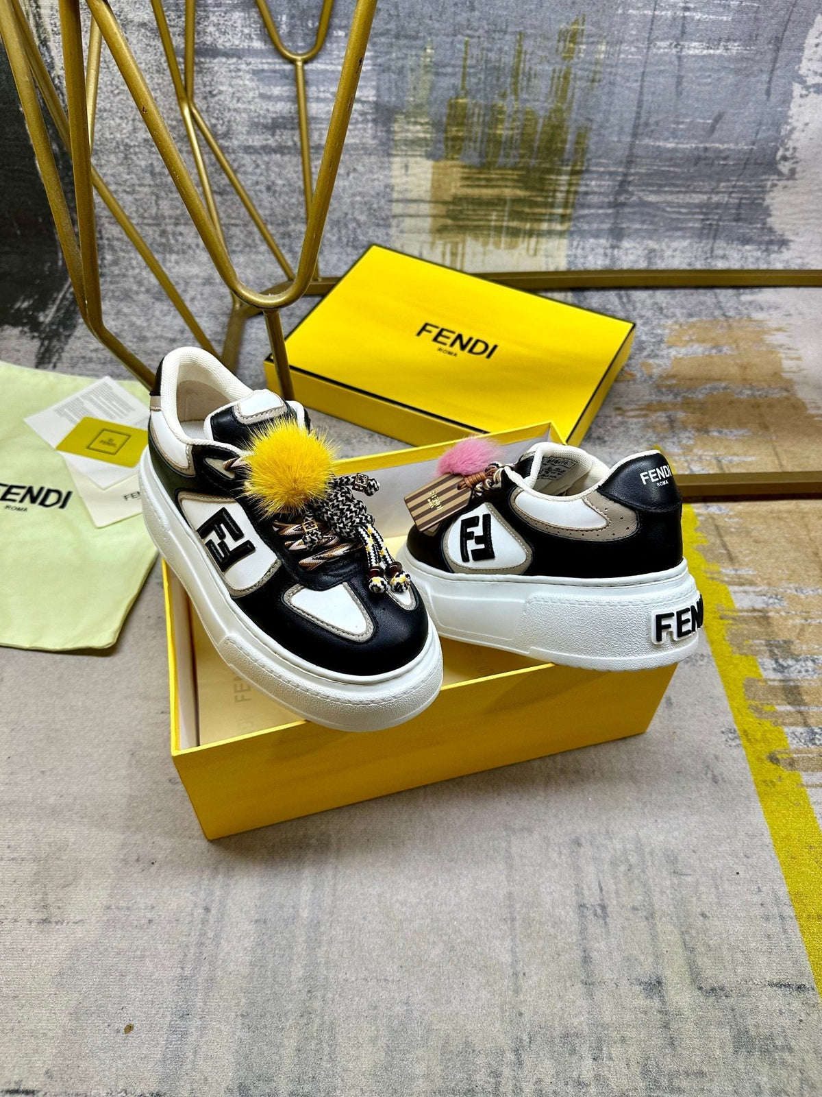 Fendi Match Lace-up Sneakers Black White Sheepskin 575414