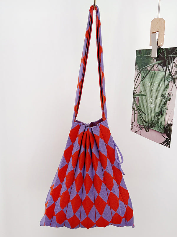 Contrast Color Drawstring Pleated Rhombus Woven Handbags