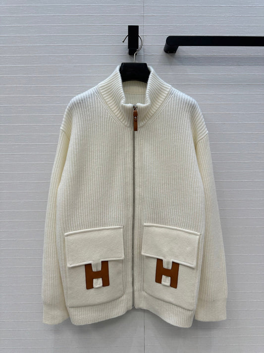 HM 25S Zipped Jacket H Leather Pockets in White Cashmere