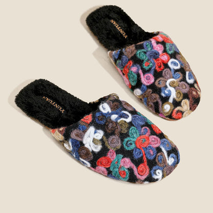 Flower Embroidery Soft Warm Plush Indoor Slippers