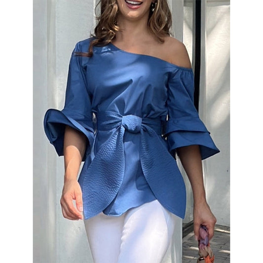 Flared Sleeves Wrap Bandage Hollow Solid Color Split-Joint Shirts Tops