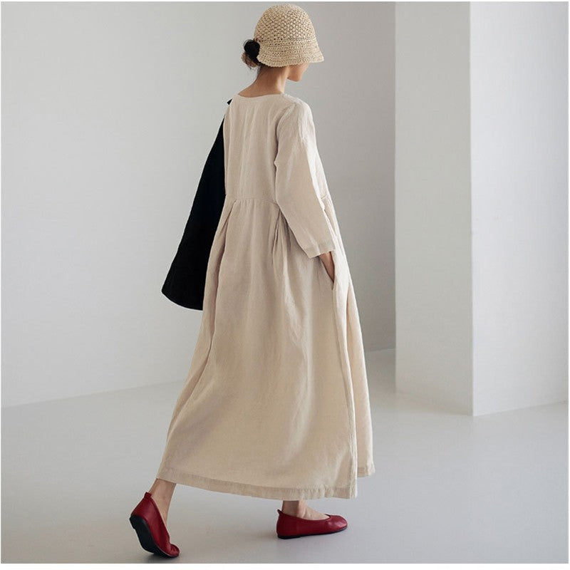 Solid Color Long Sleeve Crewneck A-Line Large Hemline Casual Loose Maxi Dress