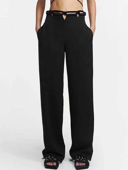 Stylish Weave Hollow Waisted Solid Color Wide Leg Pants