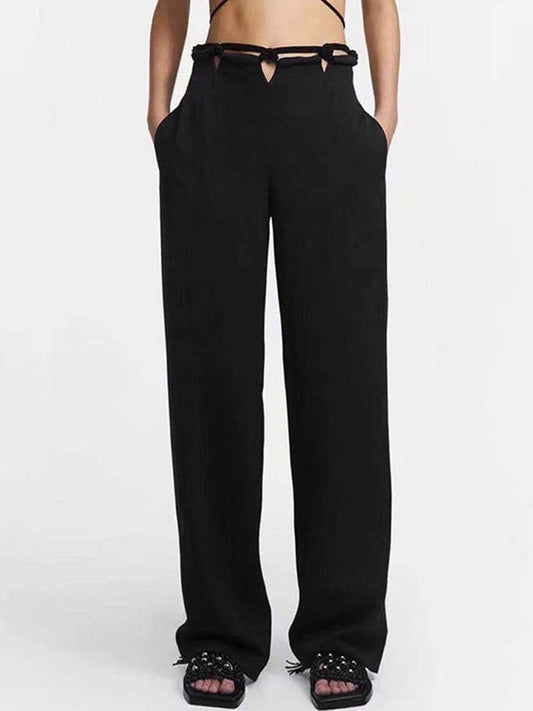 Stylish Weave Hollow Waisted Solid Color Wide Leg Pants