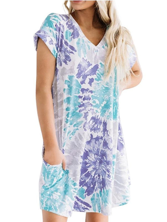 Fashion Womens Casual Loose Sexy V-Neck Tie-Dye Pocket Short Sleeve Dress