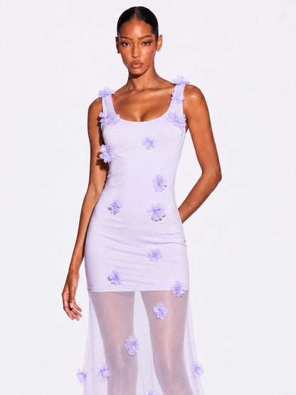 Nora 3D Floral Mesh Overlay Maxi Dress
