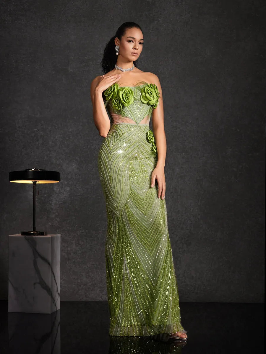 Amabel Strapless Flower Sequin Maxi Dress
