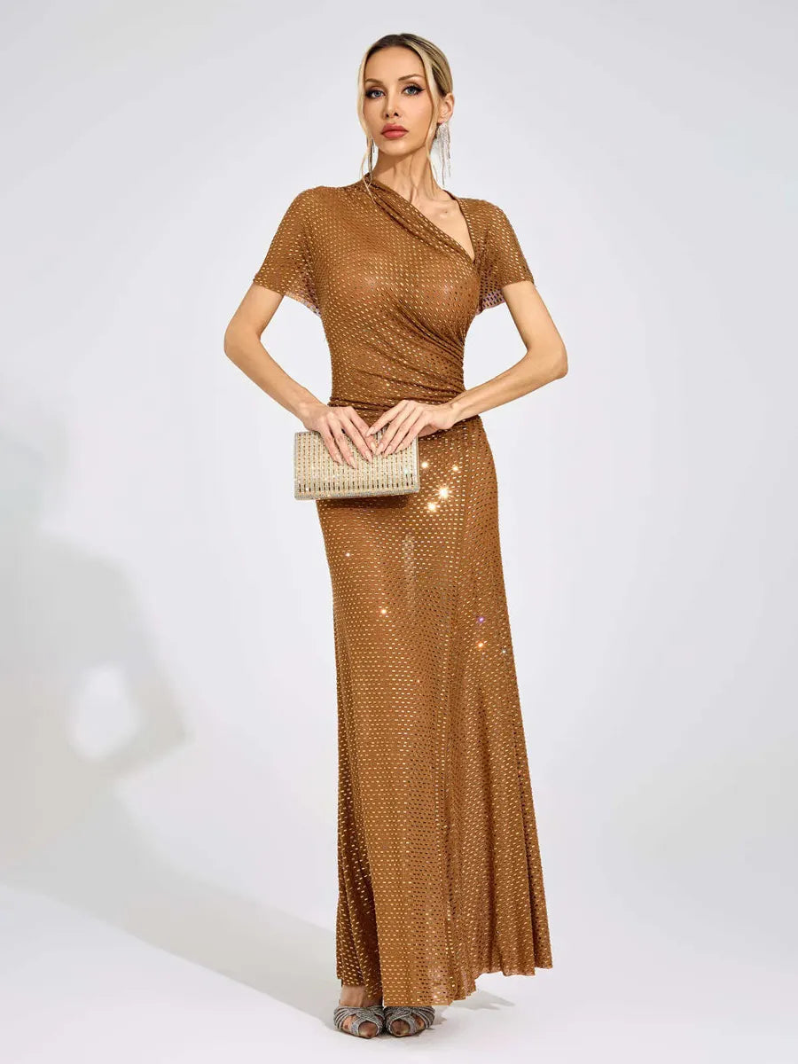 Rosalind Gold Asymmetric Maxi Dress