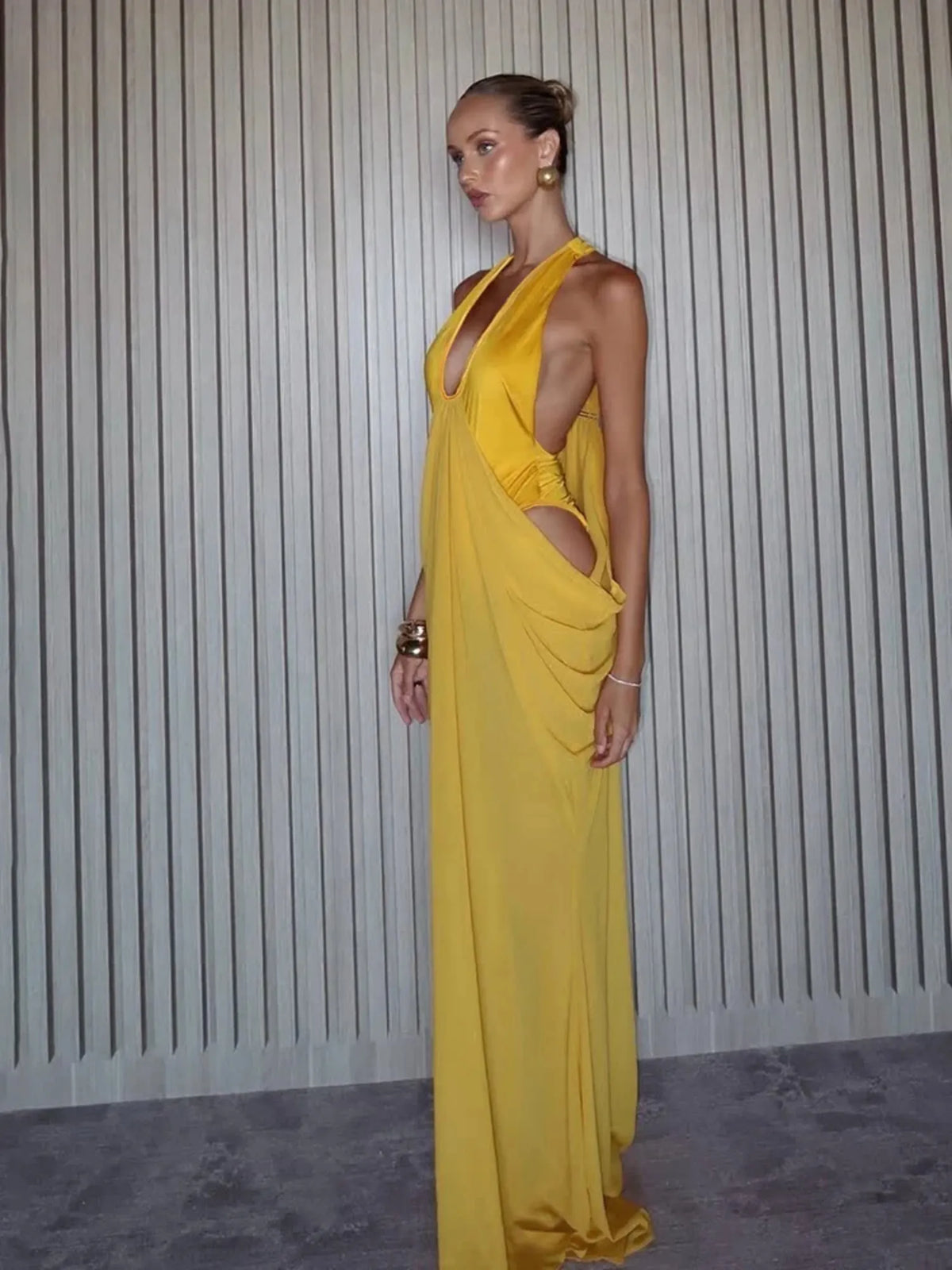 Solara Plunge Halter Draped Maxi Dress in Yellow