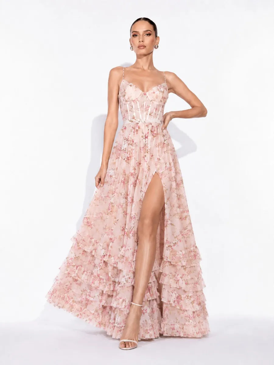 Annabel Ruffled Slit Maxi Dress In Pink