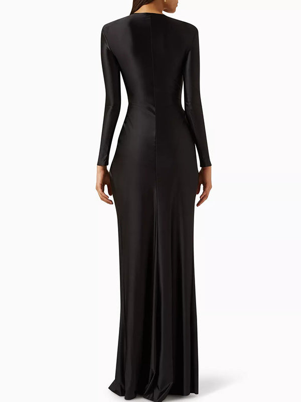 Bodycon Long Sleeves Pleated Solid Color Split-Front Tied Waist Deep V-Neck Maxi Dresses