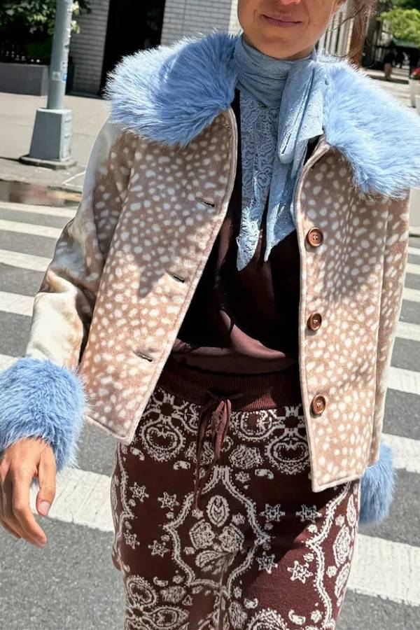 Deer Print Jacket with Blue Faux Fur Trims