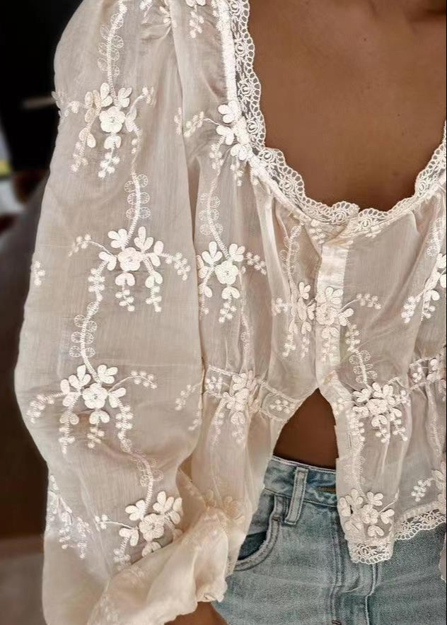 Embroidered Lace Peplum Blouse Lightweight White