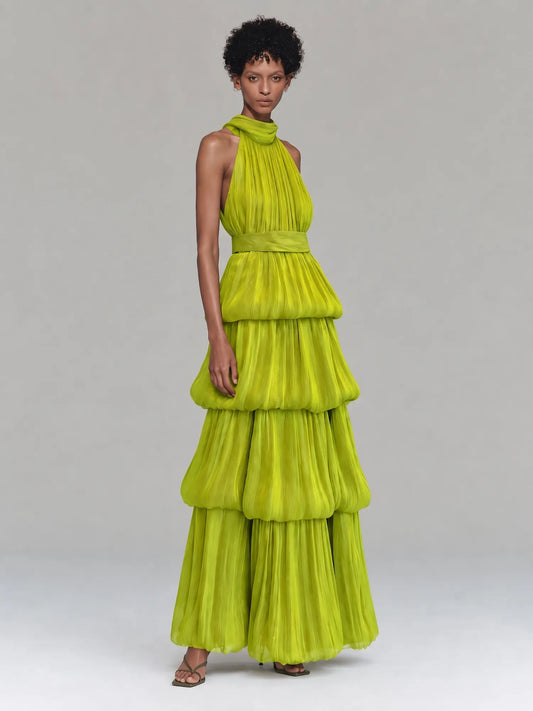 Ophira Pleated Tiered Halter Maxi Dress
