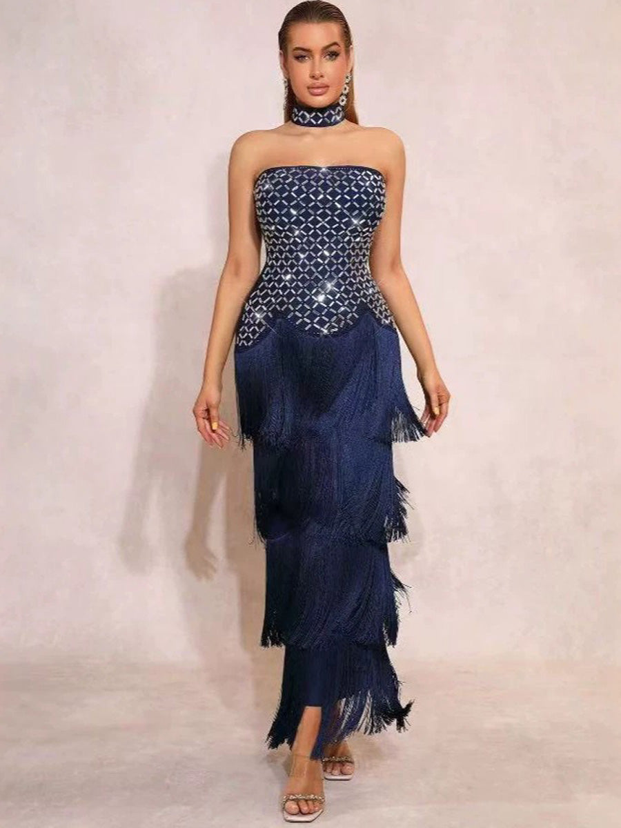 Antonella Sleeveless Rhinestone and Fringe Maxi Dress