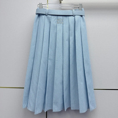 Miumiu 2026 Pleated Midi Skirt Blue Cotton 351548