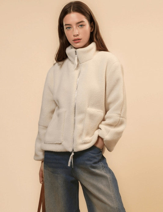 Solid Color Zipper Teddy Fleece Loose Jacket