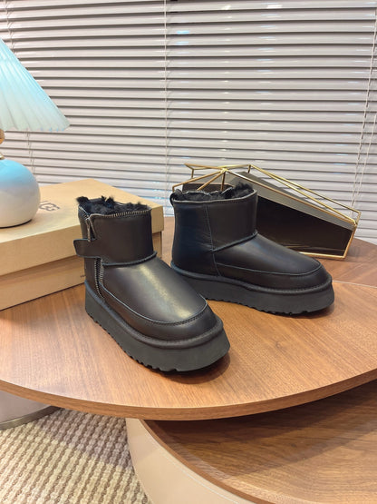 UGG Classic Rebel Biker Mini Boots Black Cowhide Fur
