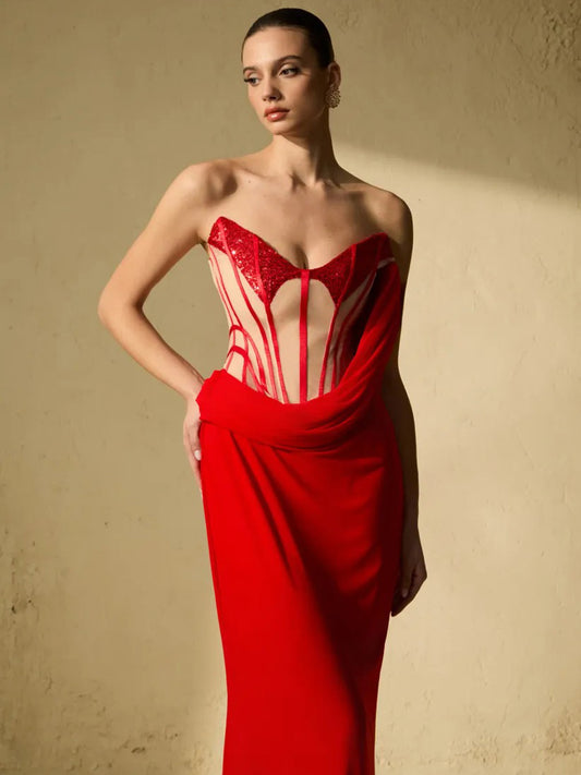 Callista Corset Bodice Draped Maxi Dress