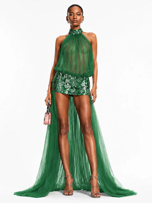 Salma Sheer Mesh Beaded Maxi Dress In Green