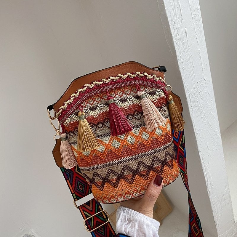 Print Soft Tasseled Multicolored One Shoulder Bag