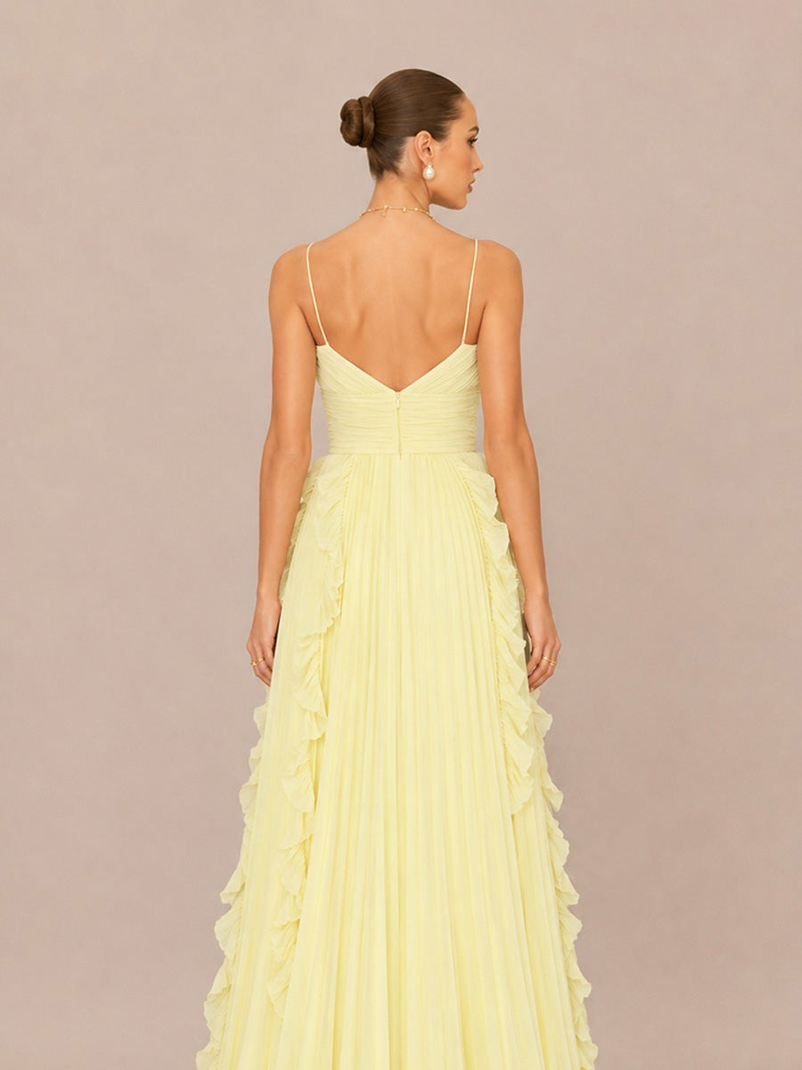 Marisol V-Neck Sleeveless Fitted Ruffled Pleated Maxi Dress