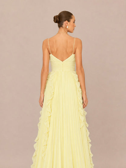 Marisol V-Neck Sleeveless Fitted Ruffled Pleated Maxi Dress