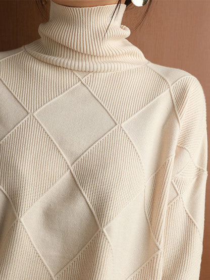 Loose Jacquard Solid Color High-Neck Sweater Tops