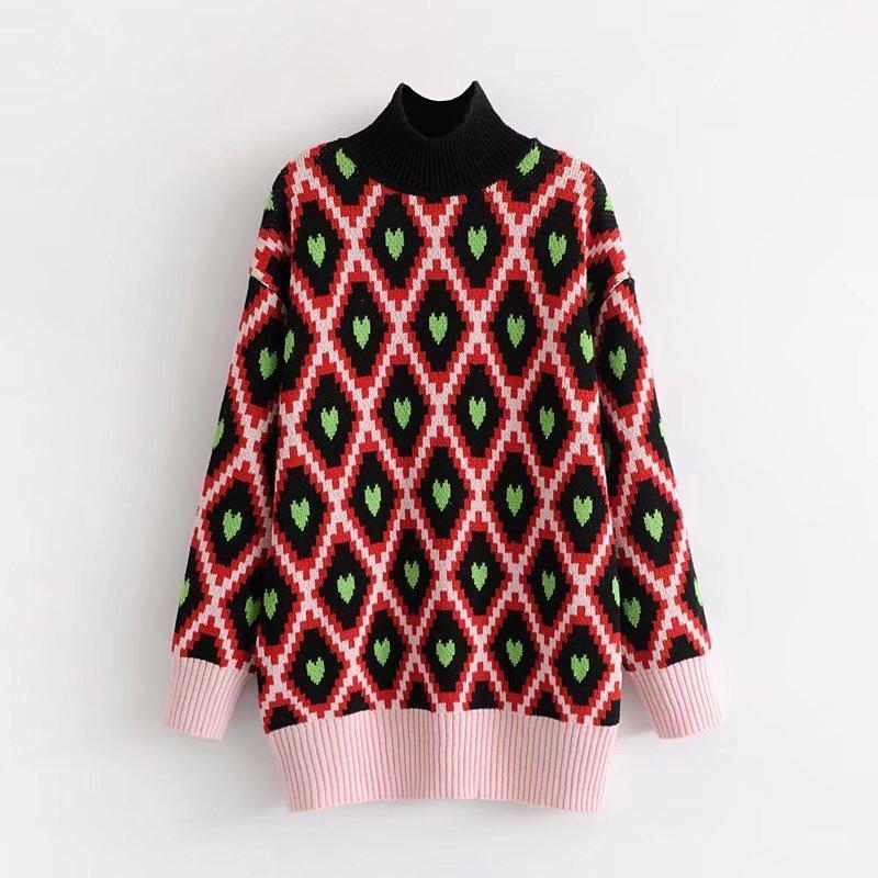 Fashion European And American Style High Collar Embroidery Contrast Color Love Geometry Pullover Sweater Top