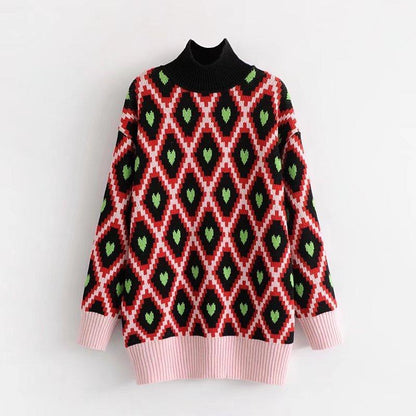 Fashion European And American Style High Collar Embroidery Contrast Color Love Geometry Pullover Sweater Top