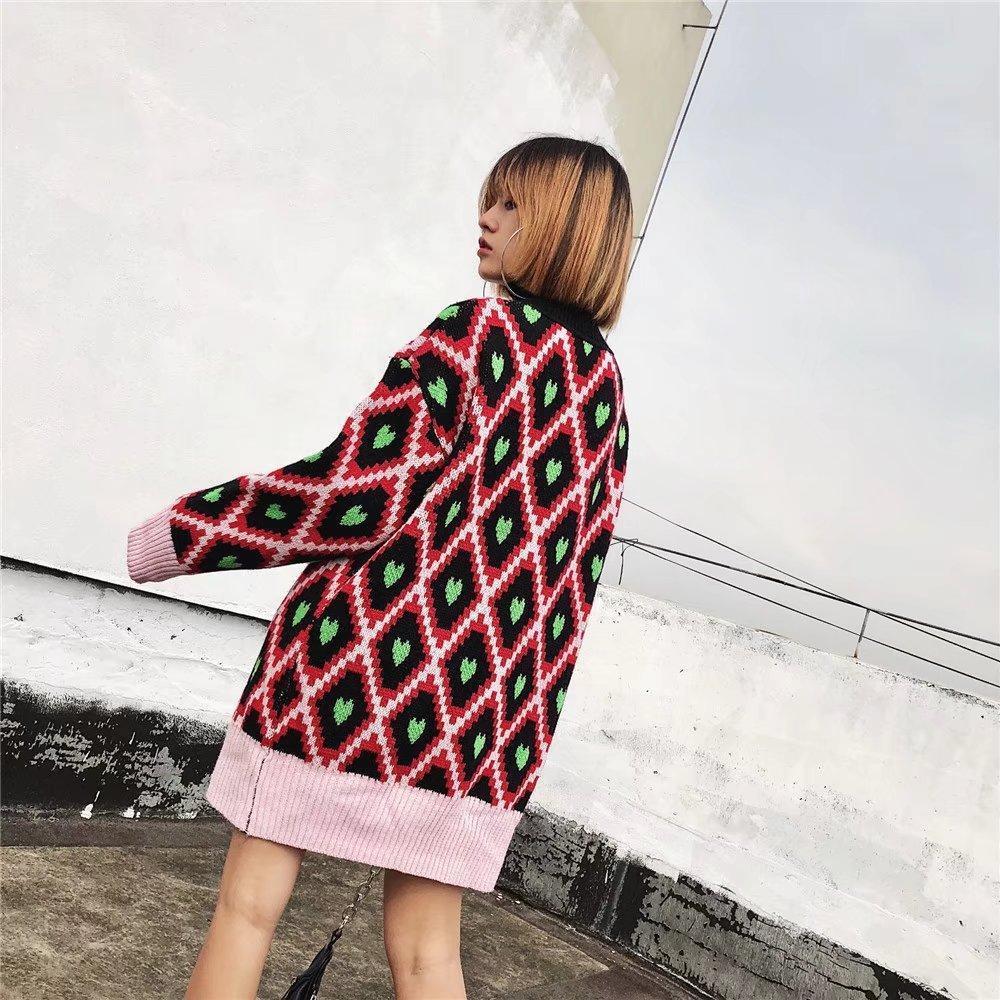 Fashion European And American Style High Collar Embroidery Contrast Color Love Geometry Pullover Sweater Top