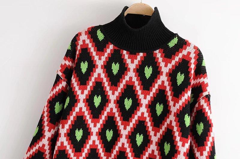 Fashion European And American Style High Collar Embroidery Contrast Color Love Geometry Pullover Sweater Top