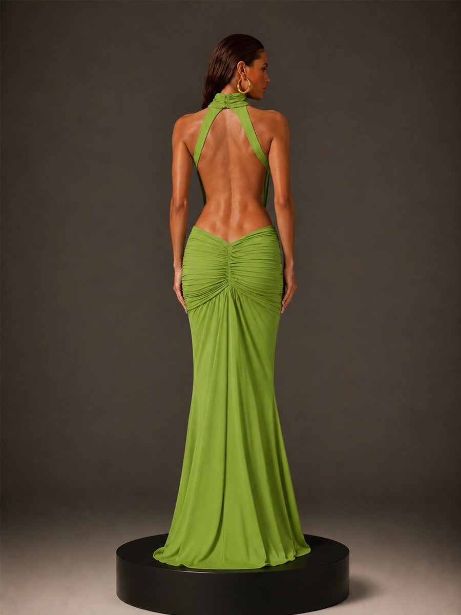 Everly High-Neck Backless Maxi Dress In Green