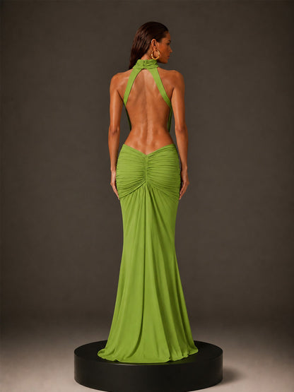 Everly High-Neck Backless Maxi Dress In Green