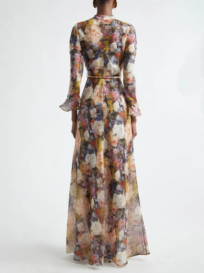 Lydia Floral Long Sleeve Linen & Silk Maxi Dress
