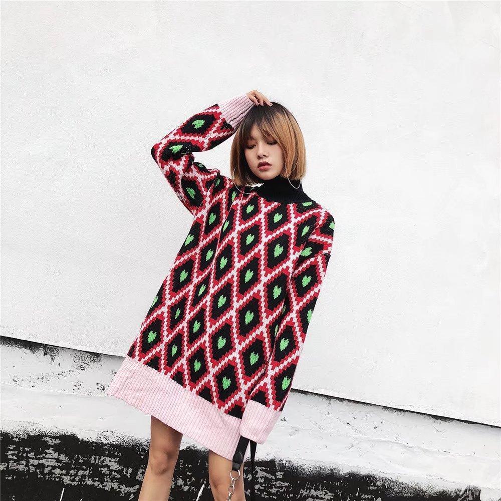 Fashion European And American Style High Collar Embroidery Contrast Color Love Geometry Pullover Sweater Top