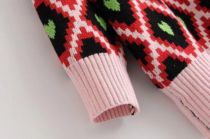 Fashion European And American Style High Collar Embroidery Contrast Color Love Geometry Pullover Sweater Top