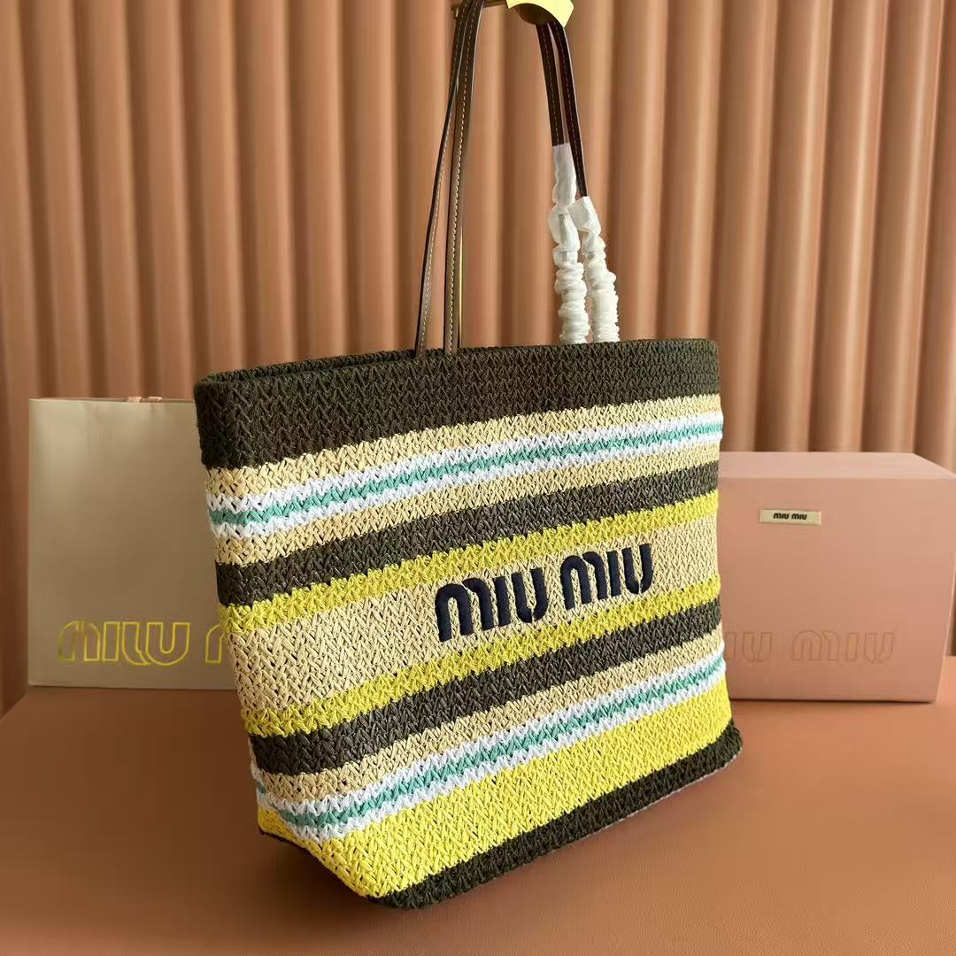 Miu Tote Bag 40cm Raffia-Effect Woven