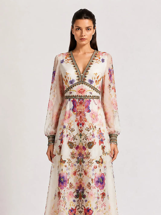 Camilla Elegant Printed V-Neck Maxi Dress