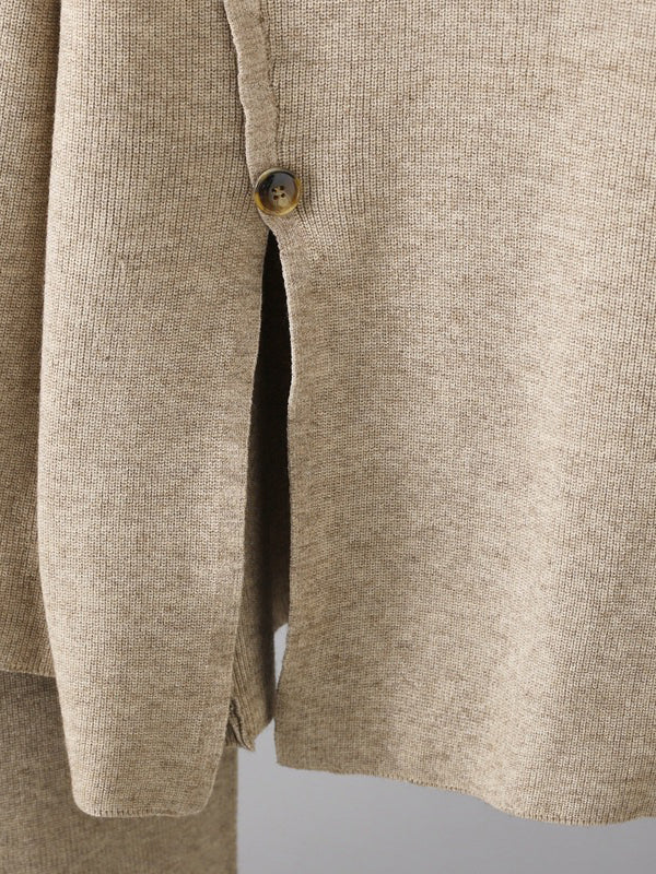 Urban Loose Buttoned Split-Front Solid Color High-Neck Sweater Tops &Wide Leg Pants Two Pieces Set