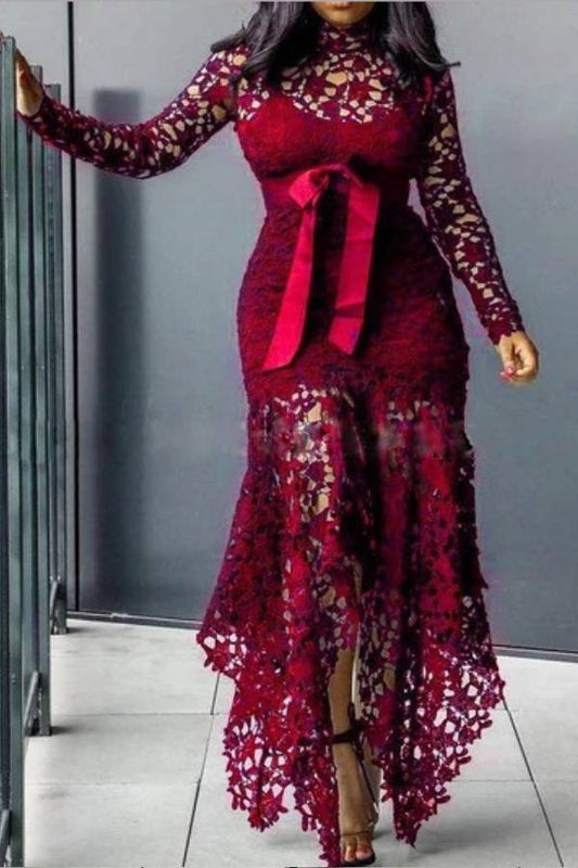 High-neck lace bow tie irregular long skirt