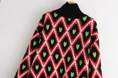 Fashion European And American Style High Collar Embroidery Contrast Color Love Geometry Pullover Sweater Top