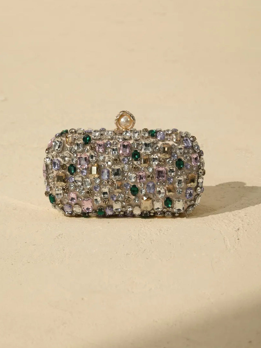 Bellatrix Crystal Embellished Satin Box Clutch Purse