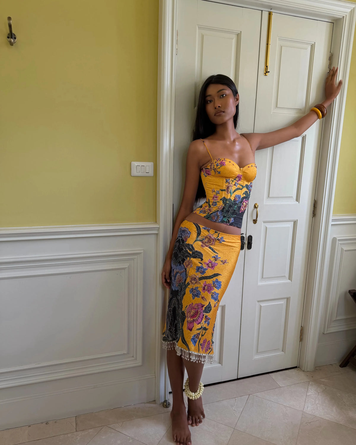 Liora Floral Corset Bead Trim Midi Two-Piece Set