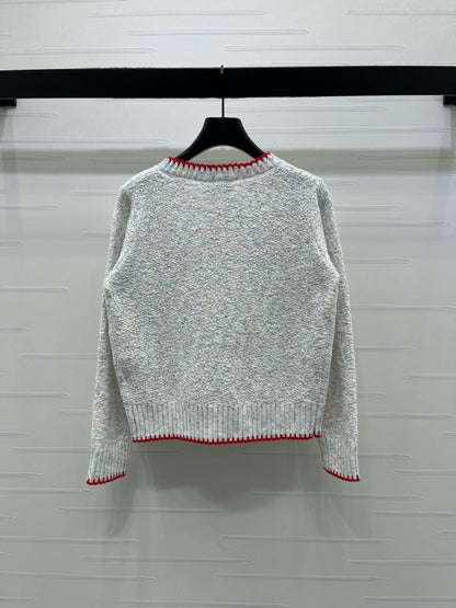 CC 26s Color-Blocked Woven Crew Neck Cardigan Grey Red 344112