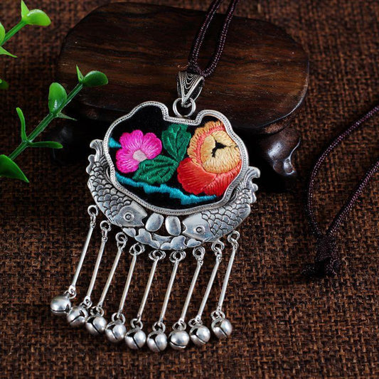 Embroidery Necklace Sweater Chain Retro Pendant